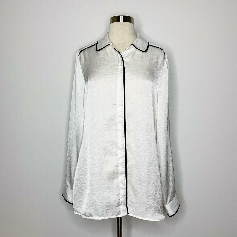 Isaac Mizrahi Top Women Size 14 White Black Trim Button Front Collared Plus Size
